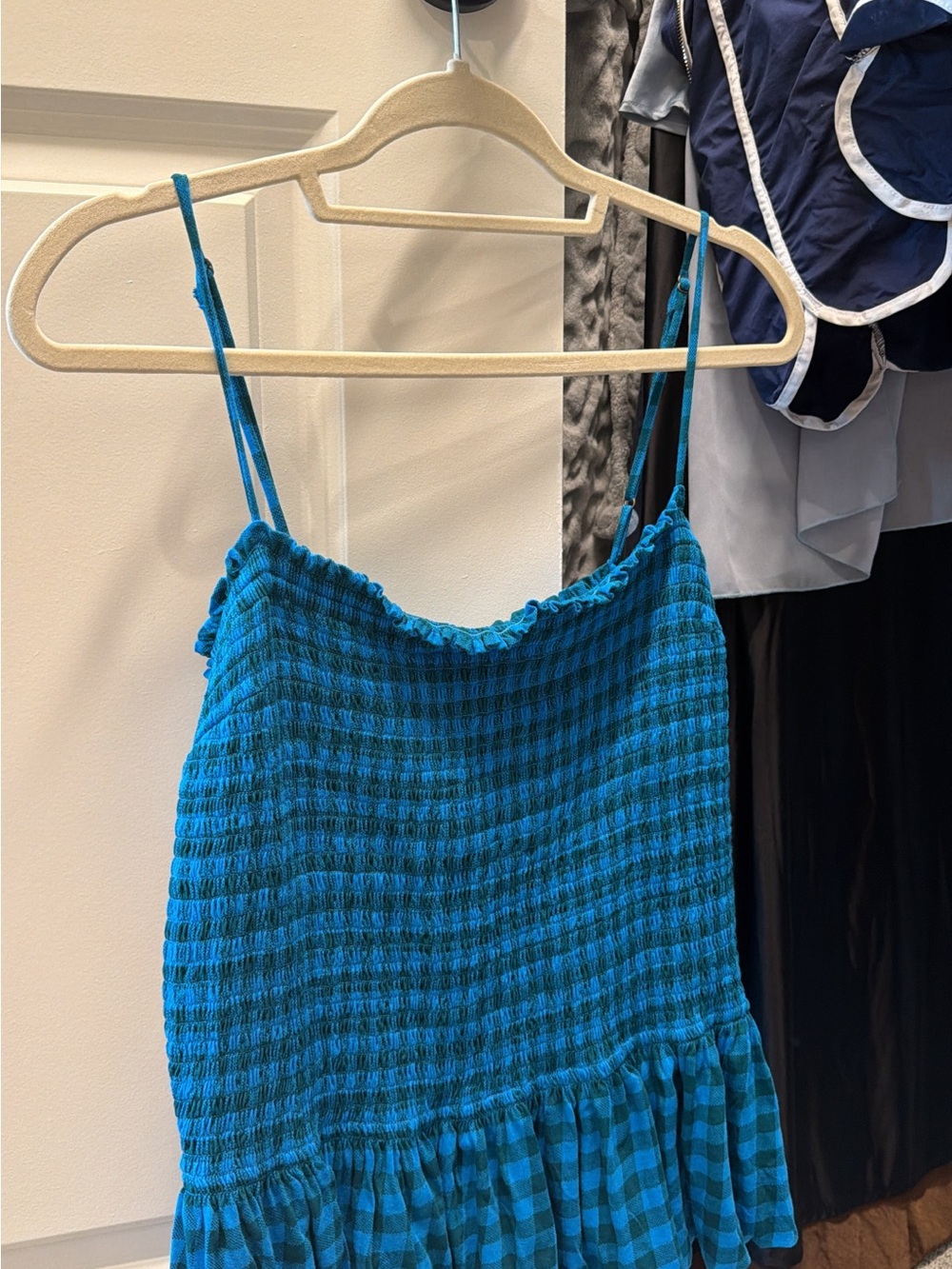 Free People Teal Blue Smocked Tank Top with Ruffled Hem